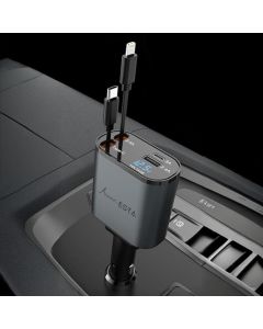 Hellion 4-in-1 Fast Car Charger – 30W Retractable Cable Adapter with LED Display, Lightning & Type-C Ports