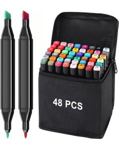Hellion 48 Pcs Dual Tip Alcohol Markers Set | Non-Toxic Art Supplies for Kids & Adults | Broad & Fine Tip Sketching Pens with Carry Case | Multicolor Drawing & Coloring Set