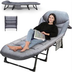 Hellion Portable Folding Camping Cot Bed with Soft Cushion, 6 Feet Sleeping Cot, Headrest, 6-Position Adjustable Backrest