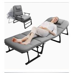 Hellion 5-in-1 Adjustable Folding Bed 200KG Capacity – Portable Recliner Cot with Cushion & Pillow, Heavy-Duty Grey Guest & Camping Bed